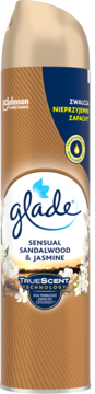 Glade by Johnson Sensual Sandalwood & Jasmine, odświeżacz powietrza w złotym aerozolu, widok frontalny.