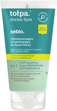 Tołpa Dermo Face Sebo, mikrozłuszczający żel peelingujący do twarzy, zielono-biała tubka, widok z przodu.
