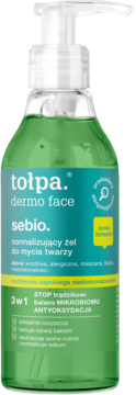 tołpa dermo face sebio normalizujący żel do mycia twarzy 3w1, zielona butelka z białą pompką, widok z przodu.