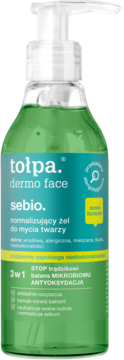 tołpa dermo face sebio normalizujący żel do mycia twarzy 3w1, zielona butelka z białą pompką, widok z przodu.