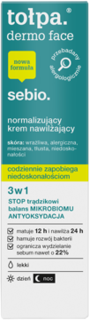 Tołpa dermo face sebo. normalizujący krem nawilżający w turkusowym pudełku z żółtymi akcentami, widok z przodu.