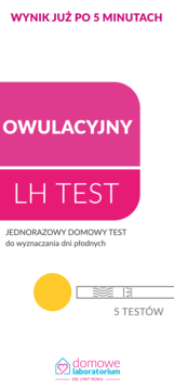 Pionowe opakowanie domowego testu owulacyjnego LH Test, białe z różowymi polami, szybki wynik po 5 minutach.