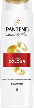 Pantene Pro-V Lively Colour szampon do włosów farbowanych, biała butelka z czerwoną etykietą, widok frontalny.