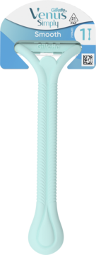 Jasnoniebieska maszynka jednorazowa Gillette Venus Simply Smooth z 2 ostrzami i paskiem nawilżającym w opakowaniu.