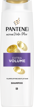 Biała butelka szamponu Pantene Extra Volume z fioletową etykietą, złotym korkiem i kapsułkami Pro-V, widok z przodu.