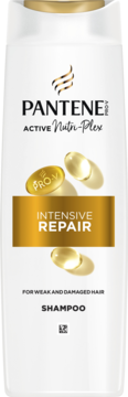 Biały szampon Pantene Pro-V Active Nutri-Plex Intensive Repair, złote detale i kapsułki, widok z przodu.
