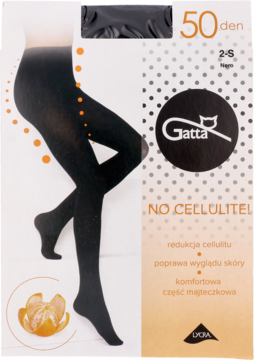 Opakowanie rajstop Gatta 50 den NO CELLULITE! czarnych, rozmiar 2-S, z sylwetką modelki, widok z przodu.