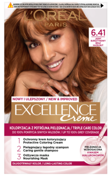 L'Oréal Excellence Creme 6.41 farba do włosów z potrójną pielęgnacją. Opakowanie z rudowłosą modelką.