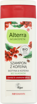 Biały szampon Alterra z kofeiną i biotyną, czerwona zakrętka, do włosów cienkich i osłabionych, widok z przodu.