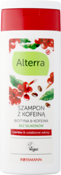 Biała butelka szamponu Alterra z kofeiną i biotyną do cienkich, osłabionych włosów, z czerwoną zakrętką.