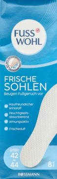 Niebieskie opakowanie wkładek Fuss Wohl Frische Sohlen, rozm. 42-44, widok z przodu. Pochłaniają zapach i wilgoć.