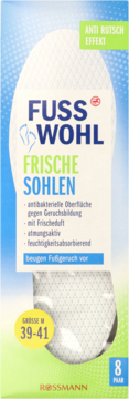 Front biało-niebieskiego opakowania wkładek Fuss Wohl, r. 39-41, 8 par, odświeżające, antypoślizgowe.