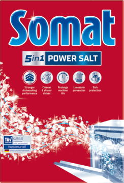 Front czerwonego opakowania soli Somat 5in1 Power Salt do zmywarek, z niebieskim logo i ikonami funkcji.