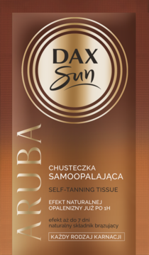 Brązowo-złote opakowanie Dax Sun Aruba samoopalającej chusteczki. Widok z przodu z logo DAX Sun.