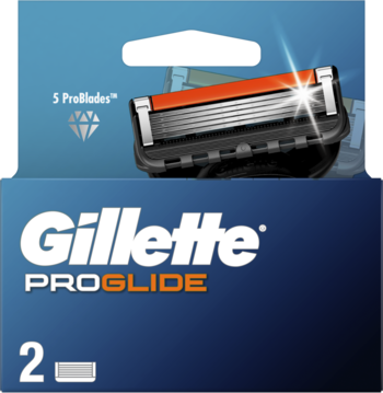 Gillette ProGlide ostrza wymienne, 2 szt., niebieskie opakowanie z logo i 5 ProBlades, widok z przodu.