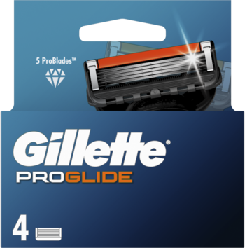 Gillette ProGlide, granatowe opakowanie 4 wymiennych ostrzy do maszynki, z detalem 5 ProBlades głowicy.