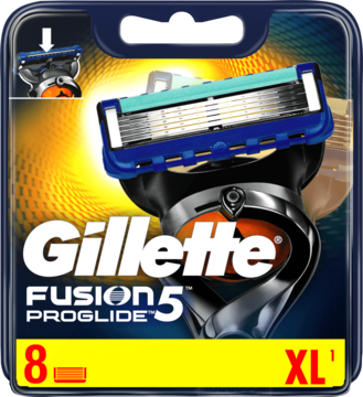 Gillette Fusion ProGlide 8 szt. XL, opakowanie z ostrzami wymiennymi, widoczne 5-ostrzowe ostrze, ciemne tło.