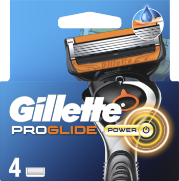 Maszynka Gillette ProGlide Power z 5 precyzyjnymi ostrzami i aktywnym guzikiem Power, widok z przodu na niebieskim tle.