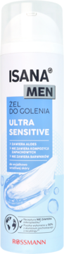 Biała butelka żelu do golenia ISANA MEN Ultra Sensitive, widok z przodu, z niebieskimi detalami i tekstem.