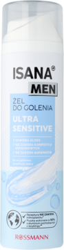 Biała butelka żelu do golenia ISANA MEN Ultra Sensitive z pompką, widok z przodu, z widocznym wyciśniętym żelem.