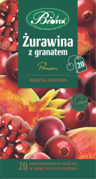 Zielona herbatka owocowa Biofix Żurawina z Granatem Premium, 20 saszetek, z ilustracjami żurawin i granatów na froncie.