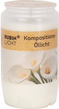 Biały wkład do zniczy Rubin Licht Kompositions-Öllicht, etykieta z białymi kaliami, widok z przodu.