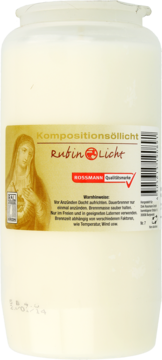 Biały wkład do zniczy Rubin Licht Rossmann, czas palenia ok. 110h, cylindryczny pojemnik, widok z przodu.