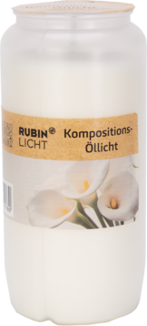 Biały wkład do zniczy Rubin Kompositions-Öllicht w cylindrycznym pojemniku, z etykietą przedstawiającą białe kalie.