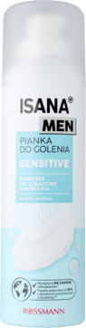 Biała puszka pianki do golenia Isana Men Sensitive, z niebieskim tłem i grafiką piany, widok z przodu.