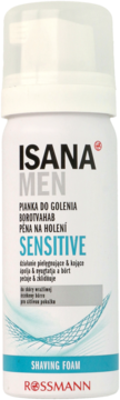 Biała butelka pianki do golenia Isana MEN Sensitive, z niebieskimi detalami i czerwoną etykietą Rossmann, widok z przodu.