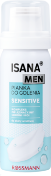 Isana MEN pianka do golenia Sensitive w białej butelce z niebieskim tłem, widok z przodu. Do skóry wrażliwej.