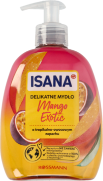 ISANA delikatne mydło Mango Exotic, przezroczysta butelka z pompką, etykieta z owocami mango i passiflory, widok z przodu.