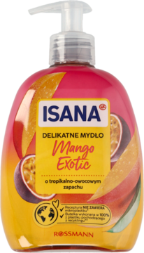 ISANA delikatne mydło Mango Exotic, przezroczysta butelka z pompką, etykieta z owocami mango i passiflory, widok z przodu.