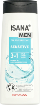 Biała butelka żelu pod prysznic Isana Men Sensitive 3w1 z czarną nakrętką i niebieską etykietą, widok z przodu.