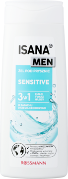 Biały żel pod prysznic Isana Men Sensitive 3w1 do ciała, twarzy, włosów, z niebieską etykietą, zapach cedrowy.