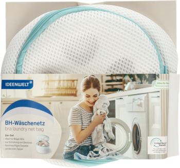 Siatka do prania biustonoszy: biały kopułowy worek z drobnymi oczkami i turkusowym zamkiem, plus opakowanie.