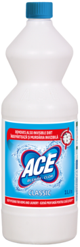 Biała butelka wybielacza ACE Classic z niebieską nakrętką i etykietą, widok z przodu, pojemność 1L.