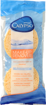 Dwie beżowe gąbki Calypso Make-Up Remover w przezroczystej folii z niebieską etykietą, widok z przodu.