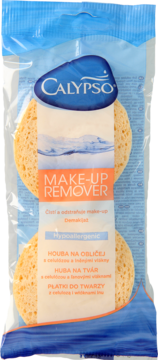 Dwie beżowe gąbki Calypso Make-Up Remover w przezroczystej folii z niebieską etykietą, widok z przodu.
