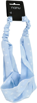 Jasnoniebieska opaska na włosy Nanu z białymi gwiazdkami, z miękkiej tkaniny, widok z przodu.