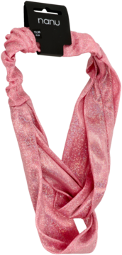 Szeroka, różowa opaska Nanu z błyszczącym efektem, widok z przodu z ozdobnym, skręconym węzłem.