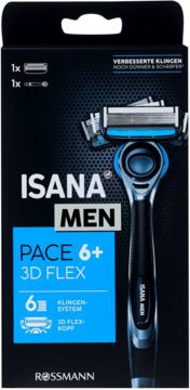 ISANA MEN PACE 6+ 3D FLEX maszynka do golenia z 6 ostrzami, w czarnym pudełku, widok z przodu.