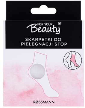 Czarne pudełko For Your Beauty skarpetek do pielęgnacji stóp Rossmann, z różowym spodem i grafiką stopy z krążkiem.