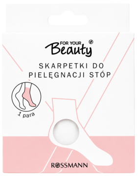 Białe pudełko For Your Beauty Rossmann Skarpetki do pielęgnacji stóp, różowe akcenty, przód, grafika stopy.