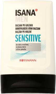 Balsam po goleniu ISANA MEN SENSITIVE dla skóry wrażliwej, biała tuba z czarną nakrętką, widok z przodu.