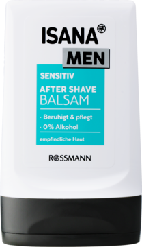 Isana Men Sensitiv After Shave Balsam. Biała butelka z czarnym korkiem, turkusowa etykieta, 0% alkoholu dla skóry wrażliwej.