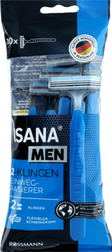 Isana Men: 10 niebieskich jednorazowych maszynek z podwójnym ostrzem w przezroczystym opakowaniu. Widok z przodu.