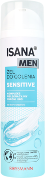 Biało-niebieski żel do golenia Isana Men Sensitive, frontowy widok, dla skóry wrażliwej, z logo Rossmann.