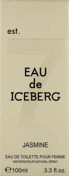 Beżowe pudełko perfum Iceberg Jasmine Eau de Toilette 100ml, widok z przodu, z wytłoczoną cyfrą 7.