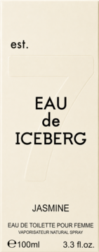 Kremowe pudełko Iceberg Jasmine Eau de Toilette z wytłoczonym '7' i czarnym napisem, widok z przodu.